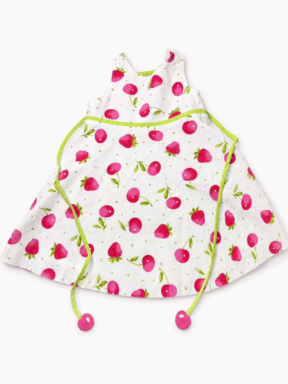 Florence Eiseman White Dress with Pink Strawberry Print and Lime Trim